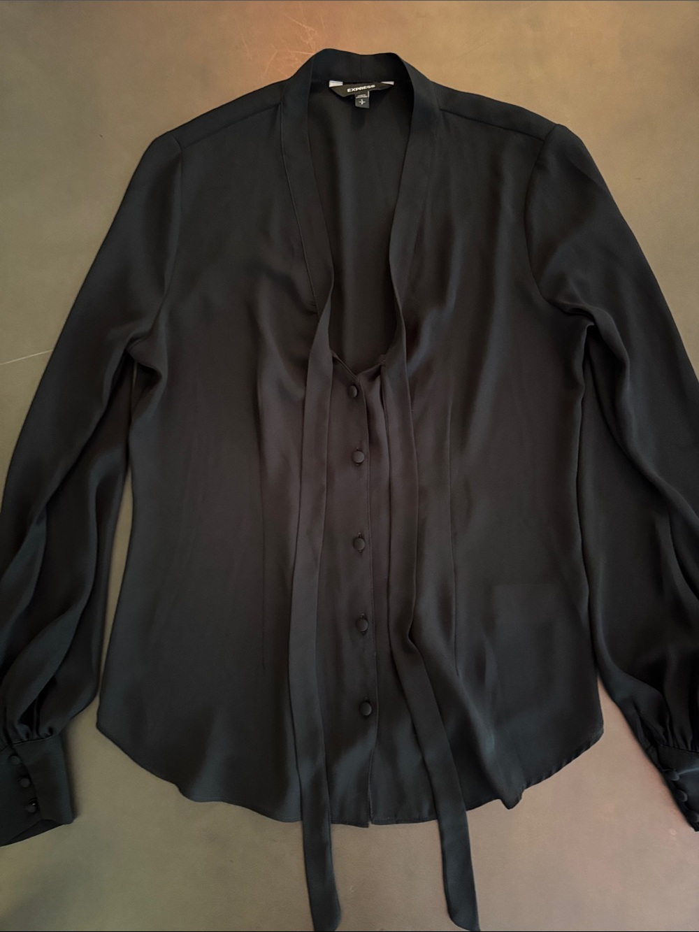 Black Tie-Neck Blouse with Long Sleeves